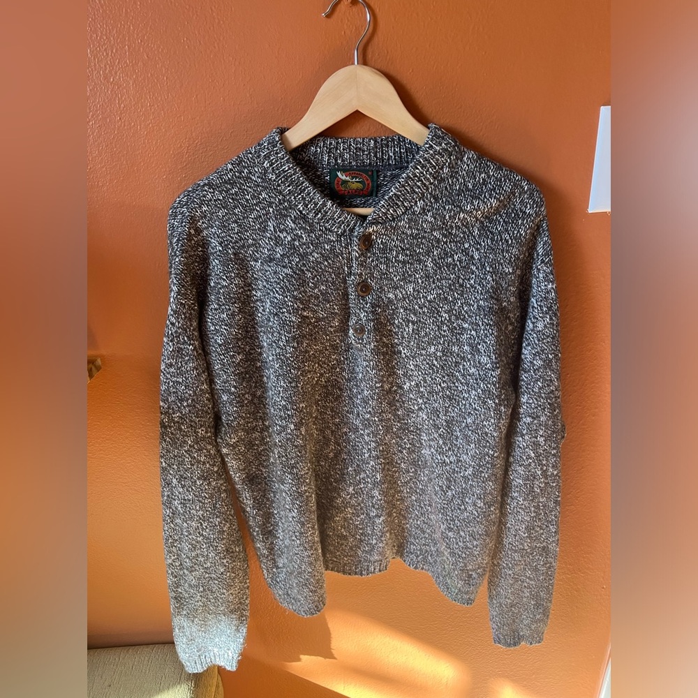 Wool Vintage Alps Grey Pullover Three Buttons Sweater, Size Medium